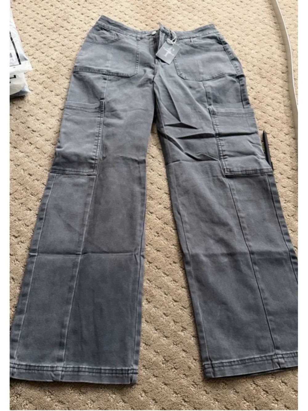 Flamingals High-Rise Wide-Leg Patch Pocket Utility Cargo Jeans L